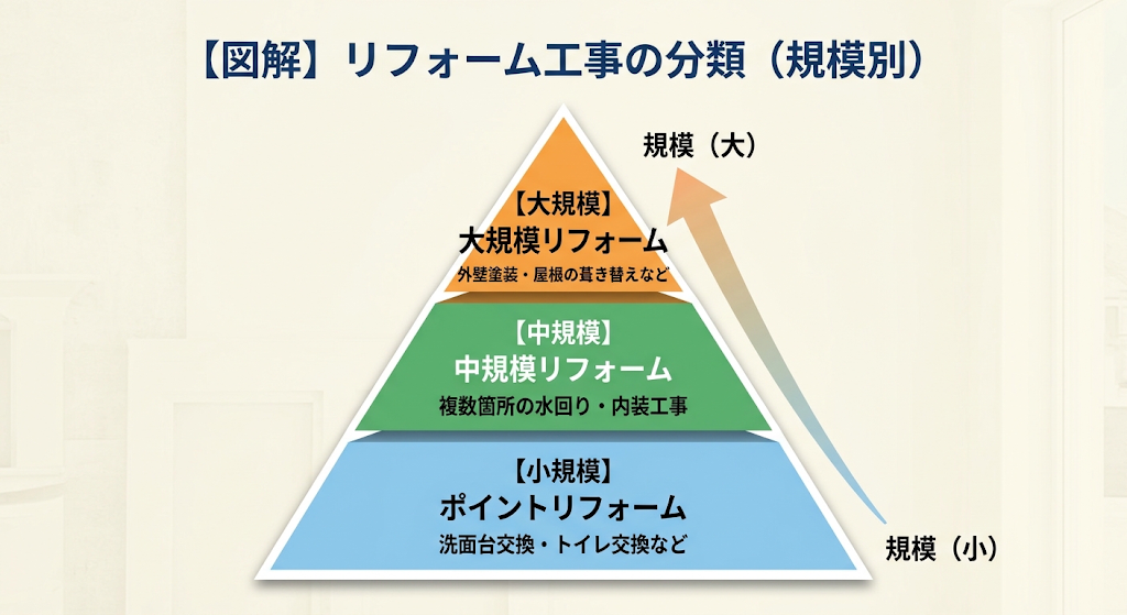 3段ピラミッドで表すリフォーム工事分類図。下からポイントリフォーム、中規模、大規模と工事内容を掲載。