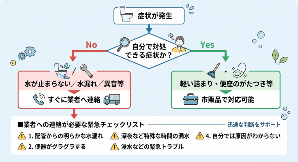 トイレトラブル発生時の対処法判断図。自分で対応可能か業者連絡が必要かを判別するフローチャート。