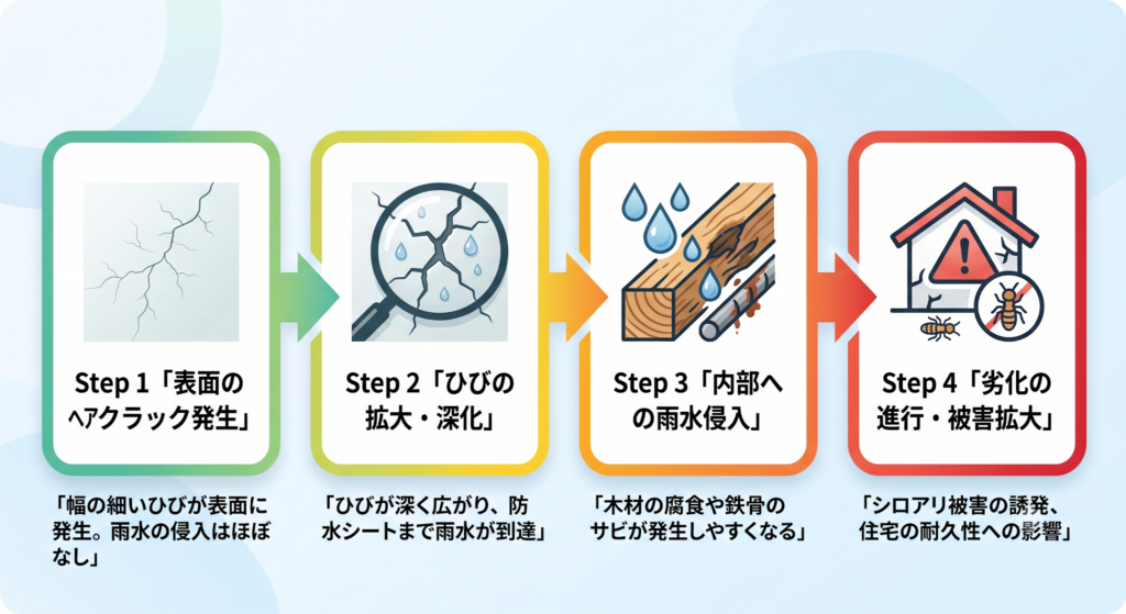 ヘアクラック発生から住宅劣化進行までの4ステップを示す、日本語テキストとイラスト付きのフロー図