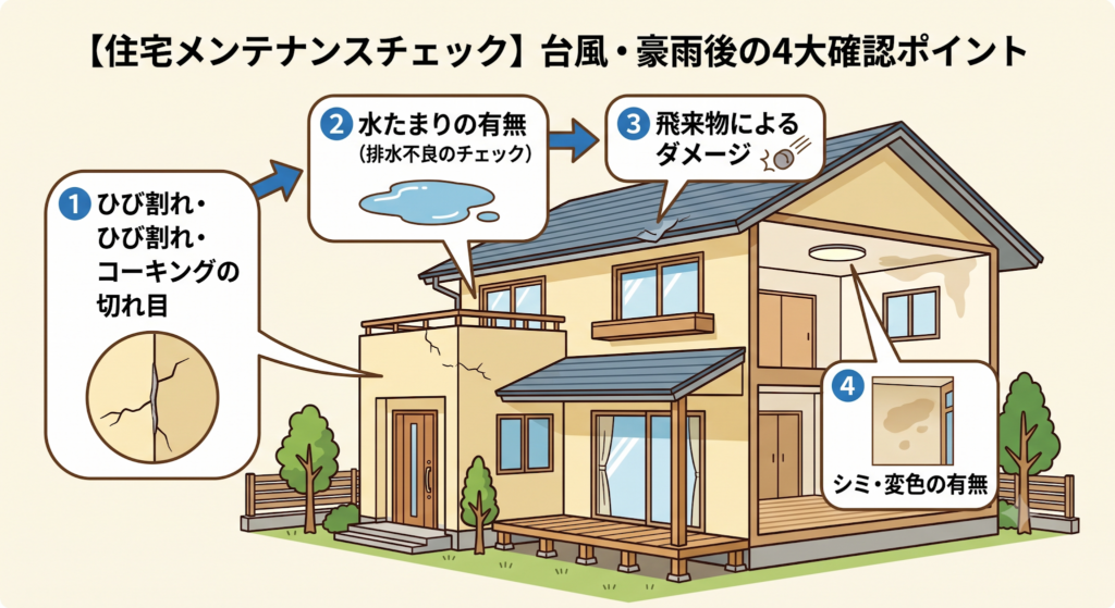 【住宅メンテナンスチェック】台風・豪雨後の4大確認ポイントを示す家とチェック箇所の図