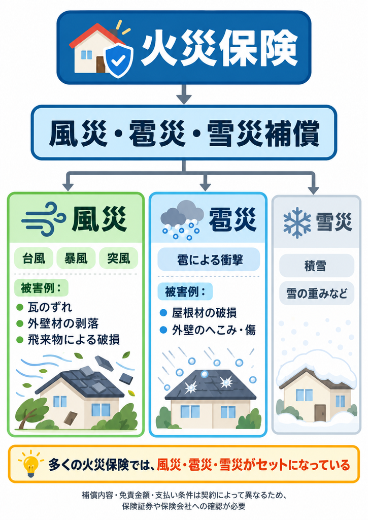 火災保険の「風災・雹災・雪災補償」の関係を示した図解。風災・雹災の主な被害例と、雪災の補償対象を紹介している。補償内容や免責金額などは契約によって異なるため、個別の確認が必要。