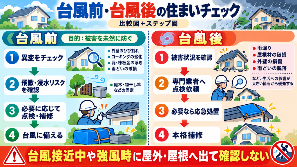 台風前後の住まいチェックを比較した図解。台風前は外壁・屋根・雨どい・庭まわりの異変や飛散・浸水リスクを確認し、必要に応じて点検・補修して被害を予防する流れを紹介。台風後は雨漏り、屋根材や外壁、雨どいの被害確認から専門業者への点検依頼、応急処置、本格補修までを解説し、強風時は屋外や屋根に出ないよう注意喚起している。