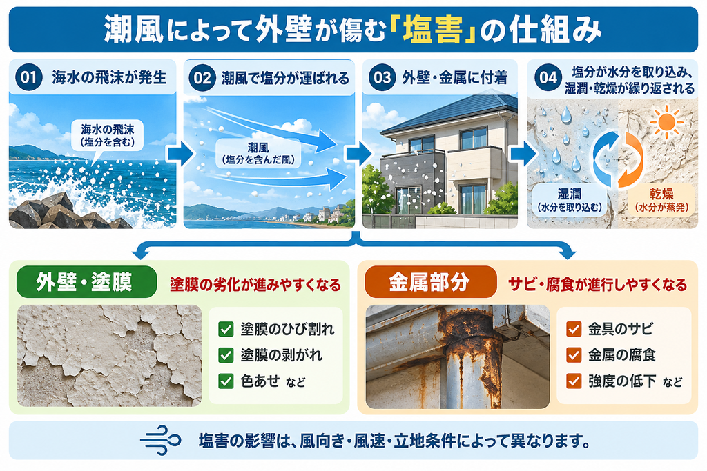 湘南の住宅で起こる外壁の塩害の仕組みを解説した図解。海水の飛沫が潮風で運ばれ、外壁や金属部分に付着し、塗膜の劣化やサビ・腐食を引き起こす流れを紹介。