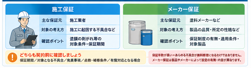 外壁塗装における施工保証とメーカー保証の違いを比較した図解。施工業者と塗料メーカーの保証対象、保証期間、適用条件、免責事項など、契約前に確認したいポイントを解説。