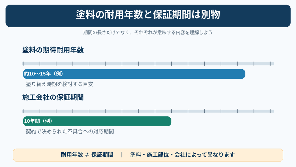 外壁塗装における塗料の耐用年数と施工保証期間の違いを比較した図解。塗り替え時期の目安と保証年数の関係