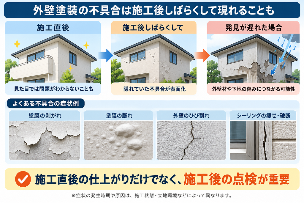 外壁塗装の施工後に発生する不具合を解説した図解。塗膜の剥がれ・膨れ・ひび割れ・シーリングの劣化と定期点検の重要性