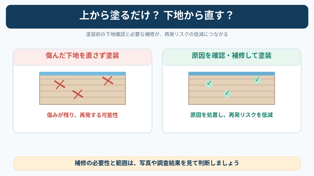 外壁塗装で傷んだ下地を直さず塗る場合と下地補修後に塗装する場合の比較図。塗膜の不具合や再発を防ぐための補修の重要性