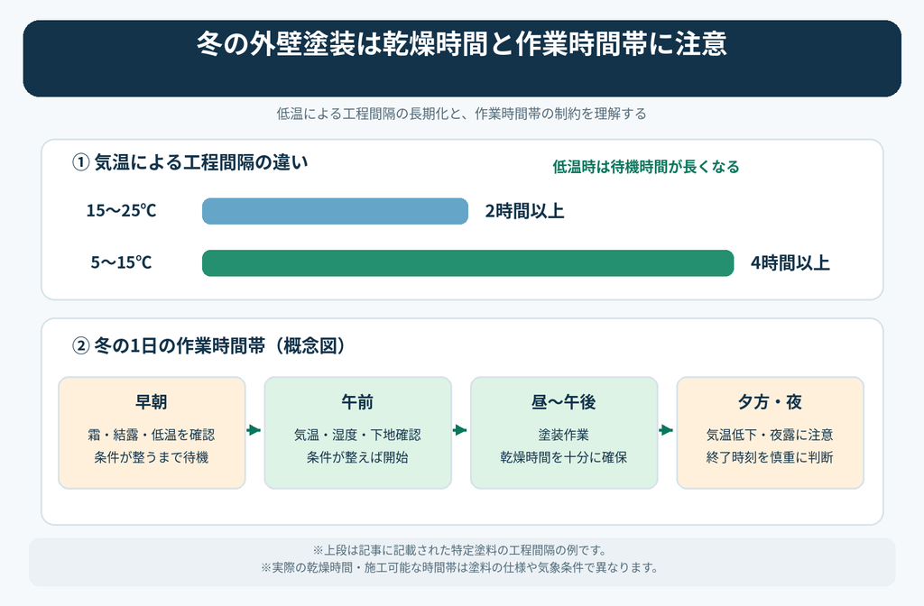 冬の外壁塗装の乾燥時間と作業時間帯を示す図解。気温15〜25℃では2時間以上、5〜15℃では4時間以上の工程間隔の例と、朝の結露や夕方の気温低下への注意点を比較