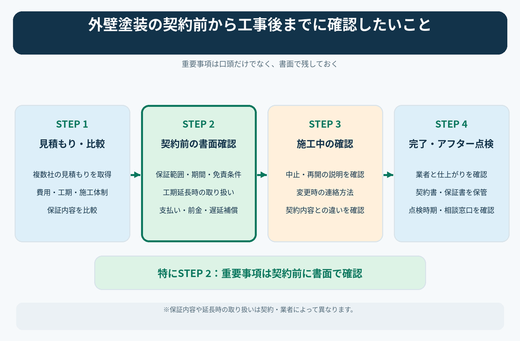 外壁塗装の契約前から工事完了後までの確認事項をまとめた図解。複数社の見積もり比較、保証内容や工期延長条件の書面確認、施工中の管理、アフター点検までの4ステップを解説