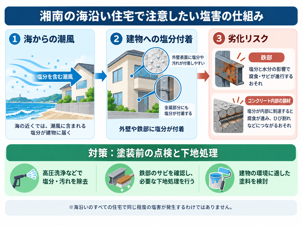 湘南の海沿い住宅で起こる塩害の仕組みを解説した図解。潮風による塩分の付着から鉄部のサビ・腐食に至る原因と、高圧洗浄や下地処理などの外壁塗装前の対策を紹介