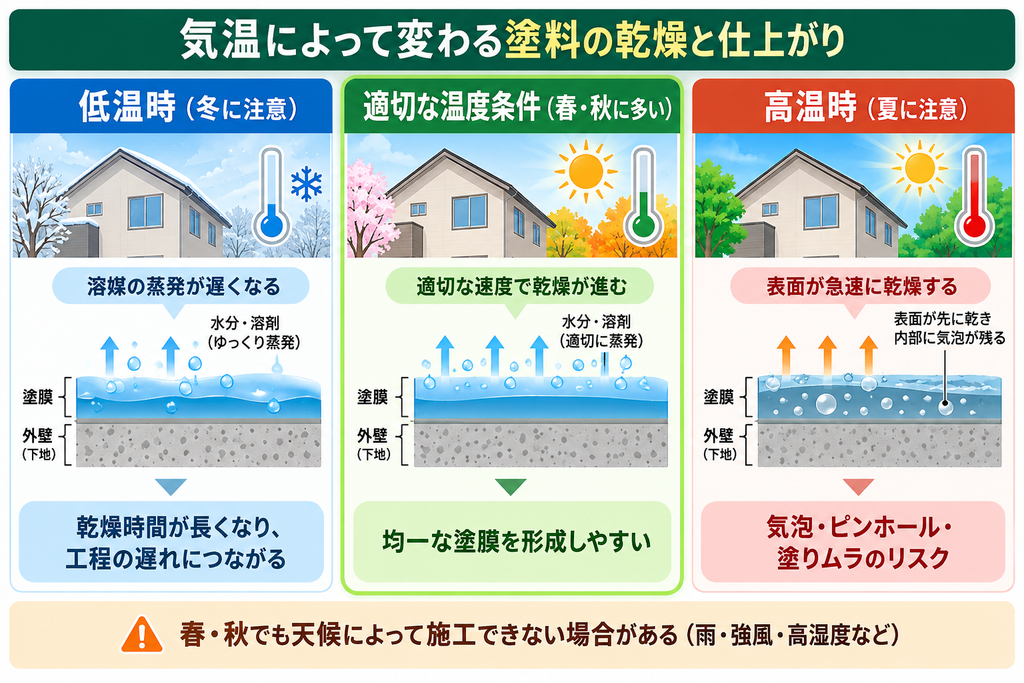 外壁塗装の気温別の乾燥と仕上がりを比較した図解。冬の低温による乾燥遅れ、春・秋の均一な塗膜形成、夏の高温による気泡や塗りムラのリスクを解説