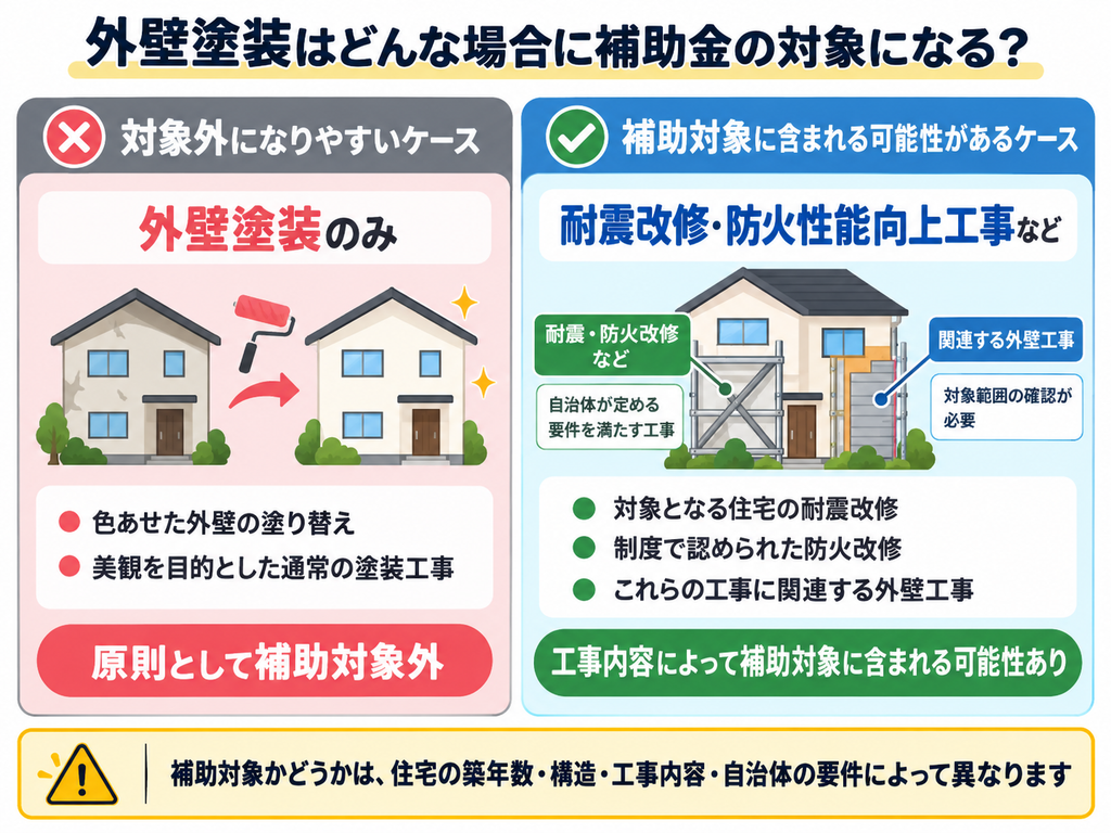 外壁塗装の補助金対象となる工事を解説した図解。通常の塗り替えと耐震改修・防火改修に関連する外壁工事の違い