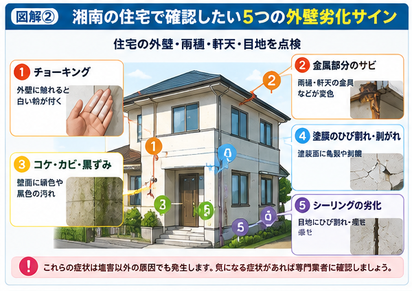 湘南の住宅で注意したい外壁劣化の5つのサインを解説した図解。チョーキング、金属部分のサビ、コケ・カビ、塗膜のひび割れ・剥がれ、シーリングの劣化を住宅の部位別に紹介。